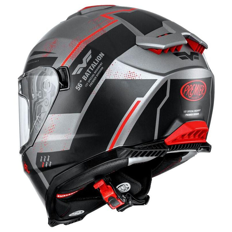 Premier Typhoon BA 17BM Matt Grey / Black / Red full-face motorcycle helmet, rear three-quarter view
