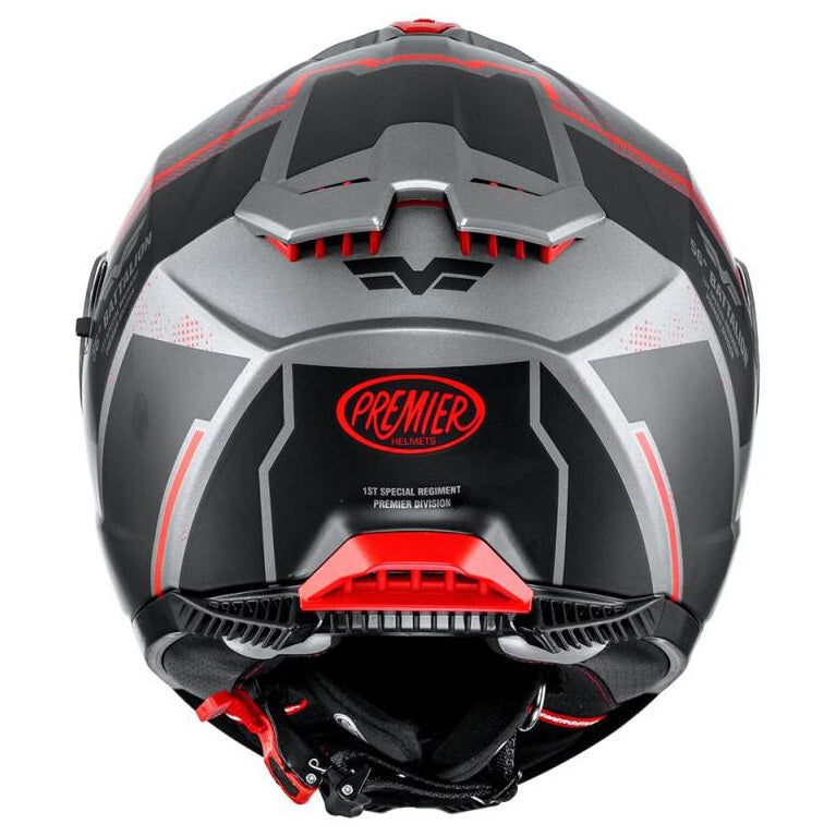 Premier Typhoon BA 17BM Matt Grey / Black / Red full-face motorcycle helmet, rear view