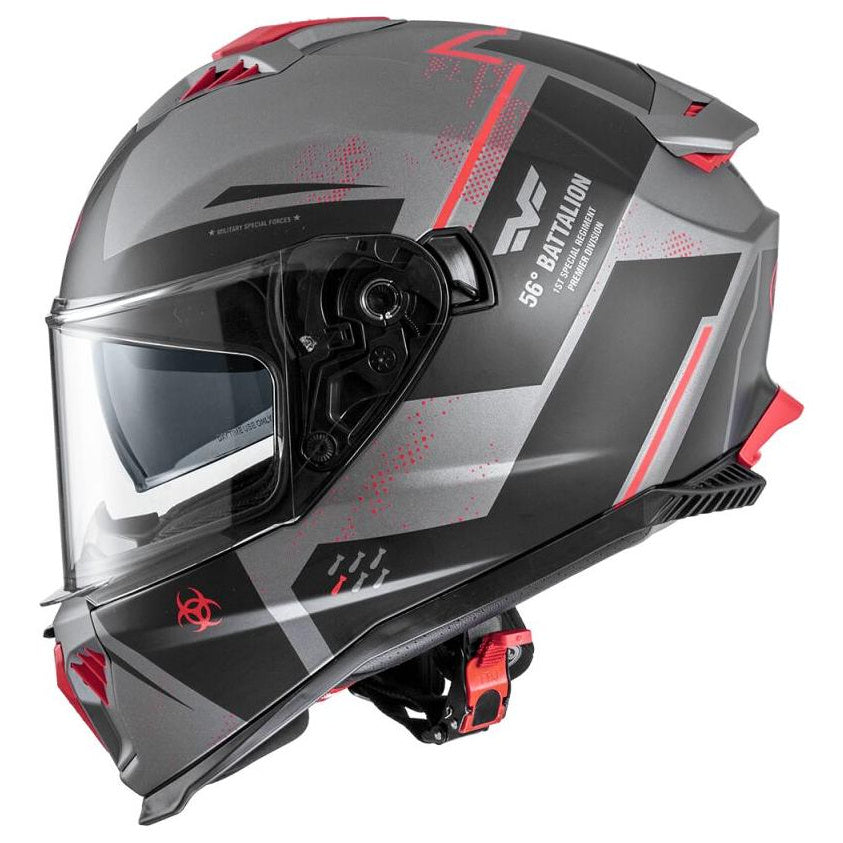 Premier Typhoon BA 17BM Matt Grey / Black / Red full-face motorcycle helmet, right-front three-quarter view
