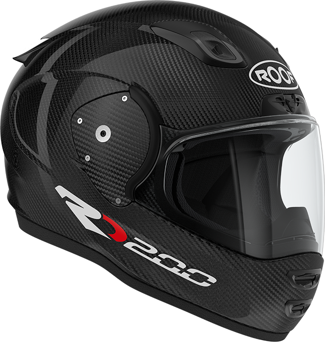 Roof RO200 Carbon Glossy Black three-quarter view with visor closed