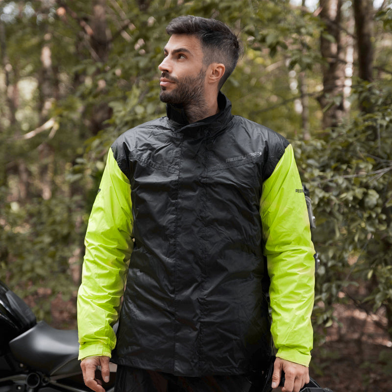 Rebelhorn Rain Two-Piece Waterproof Over Suit Black / Fluo Yellow FREE UK Delivery, FREE 365 Day Returns | Moto Central