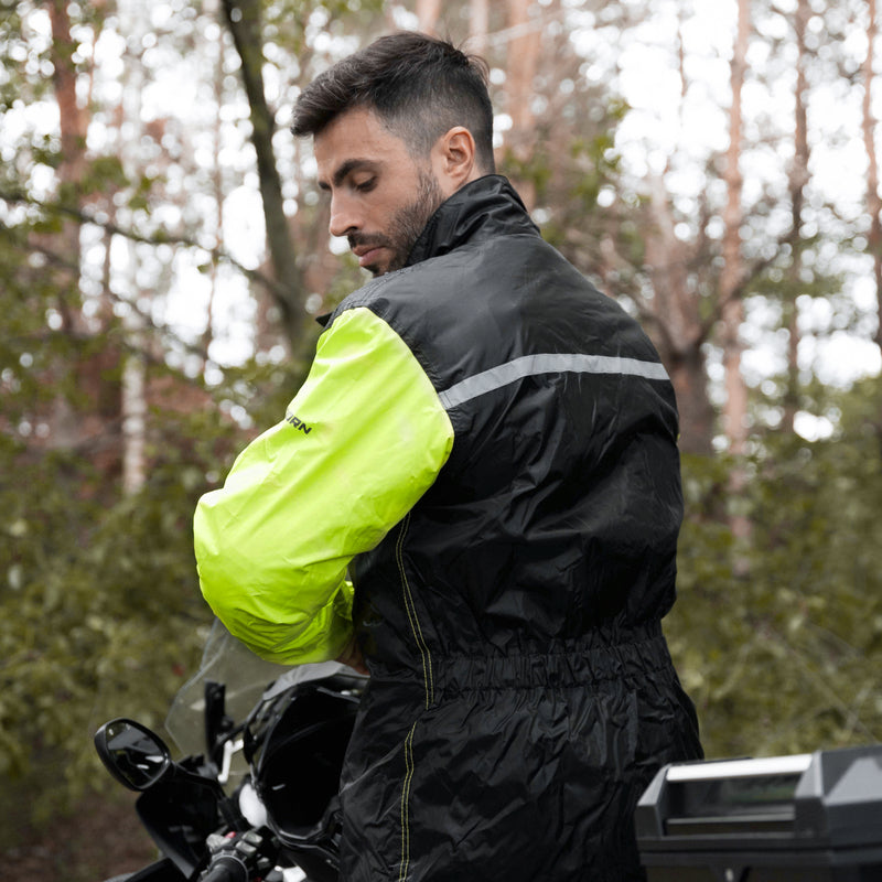 Rebelhorn Rain Two-Piece Waterproof Over Suit Black / Fluo Yellow FREE UK Delivery, FREE 365 Day Returns | Moto Central
