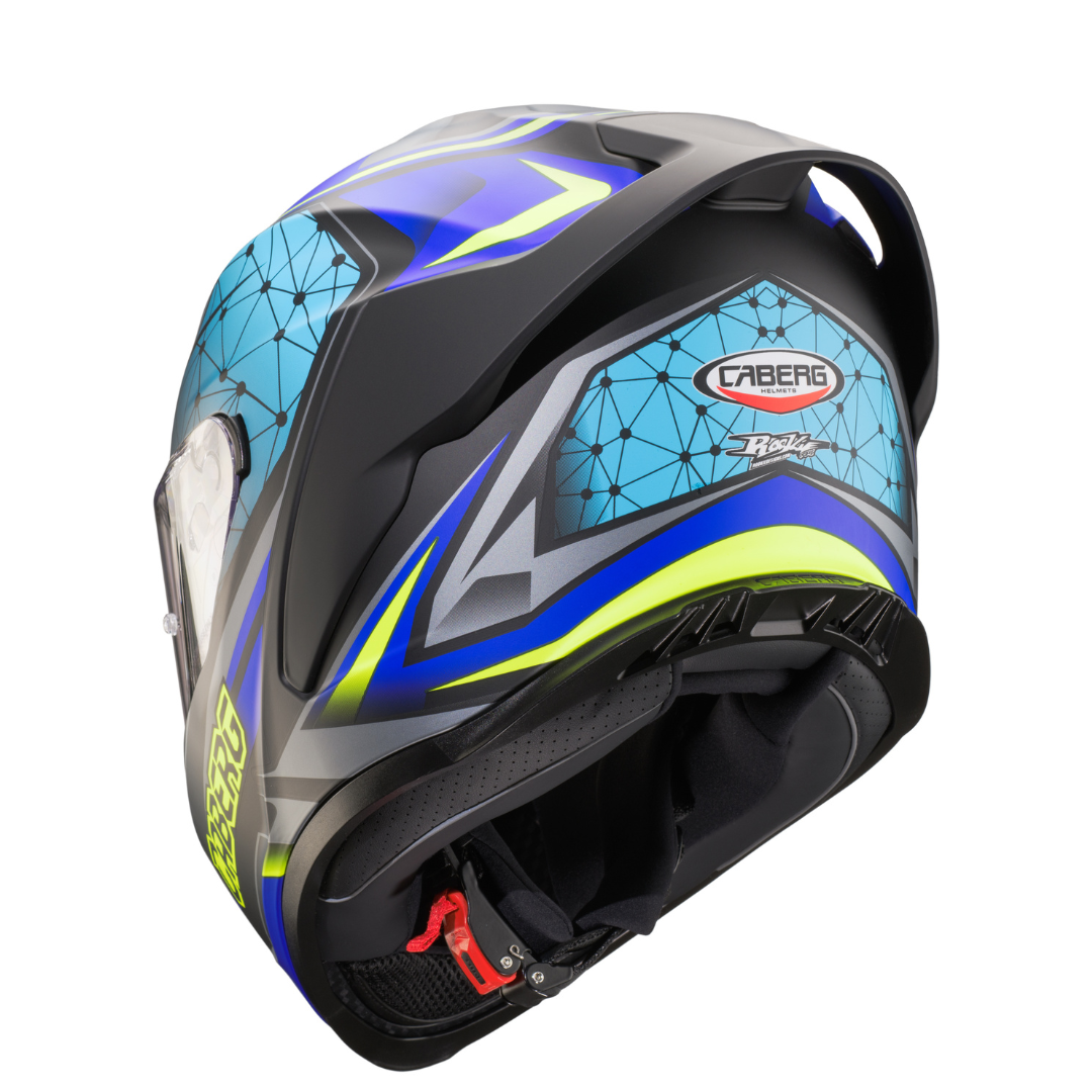 Caberg Roxter Kiso Matt Black, Blue and Fluo Yellow helmet – rear three-quarter view