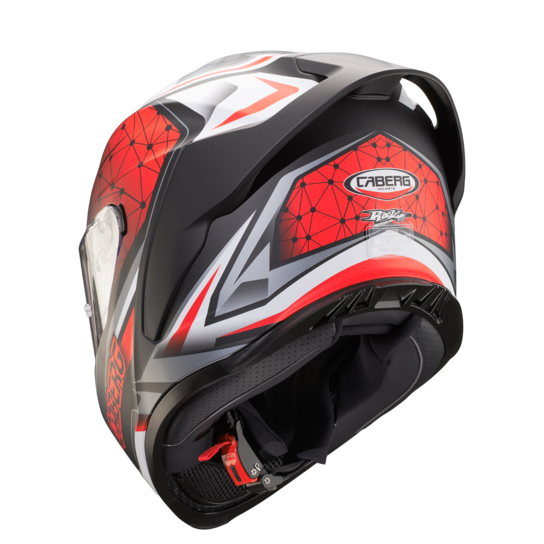 Caberg Roxter Kiso Matt Black, Red and White helmet – rear three-quarter view