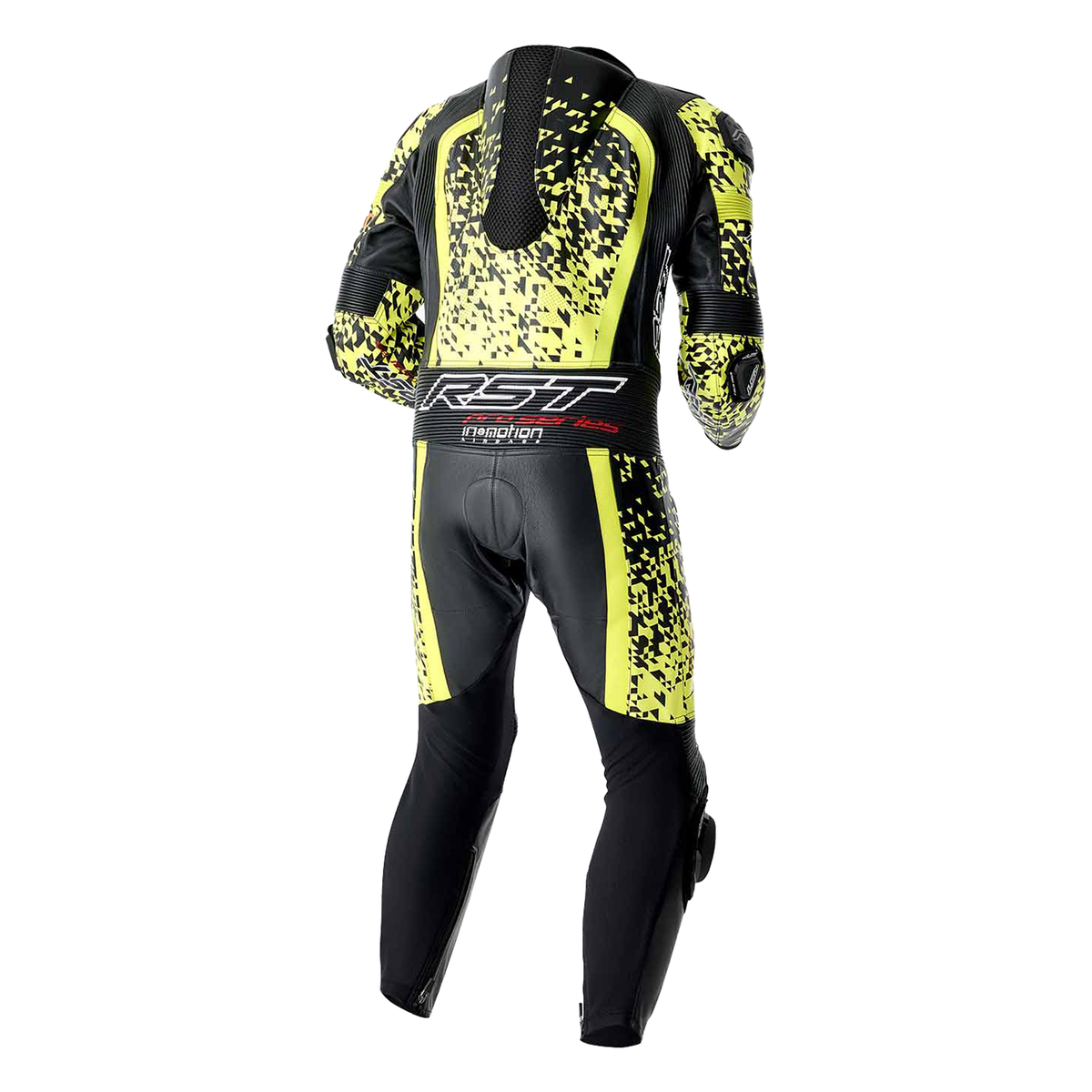 RST Pro Series D3O Airbag One Piece Leather Suit Black / Fluo Yellow, rear three-quarter view