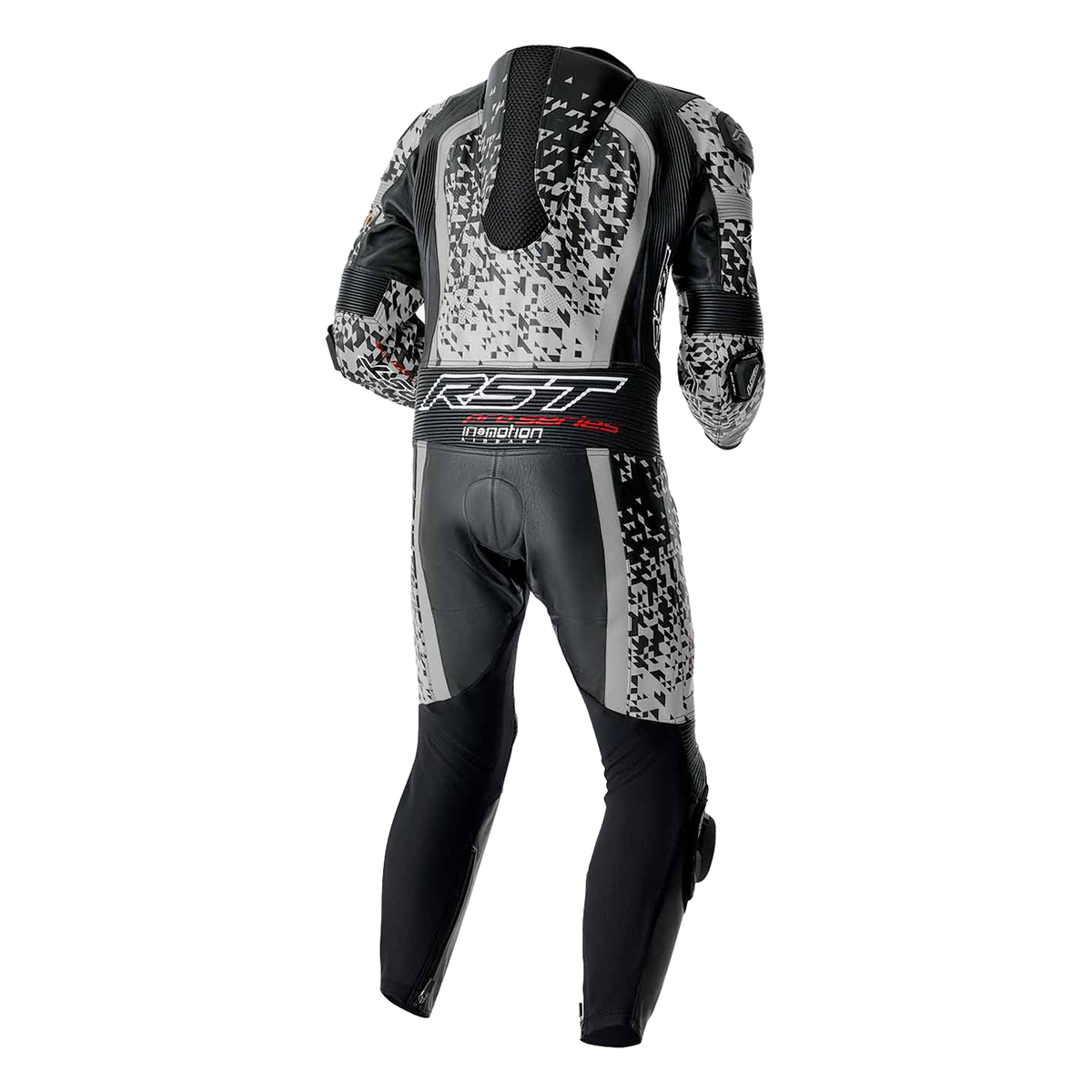 RST Pro Series D3O Airbag One Piece Leather Suit Black / Silver, rear three-quarter view