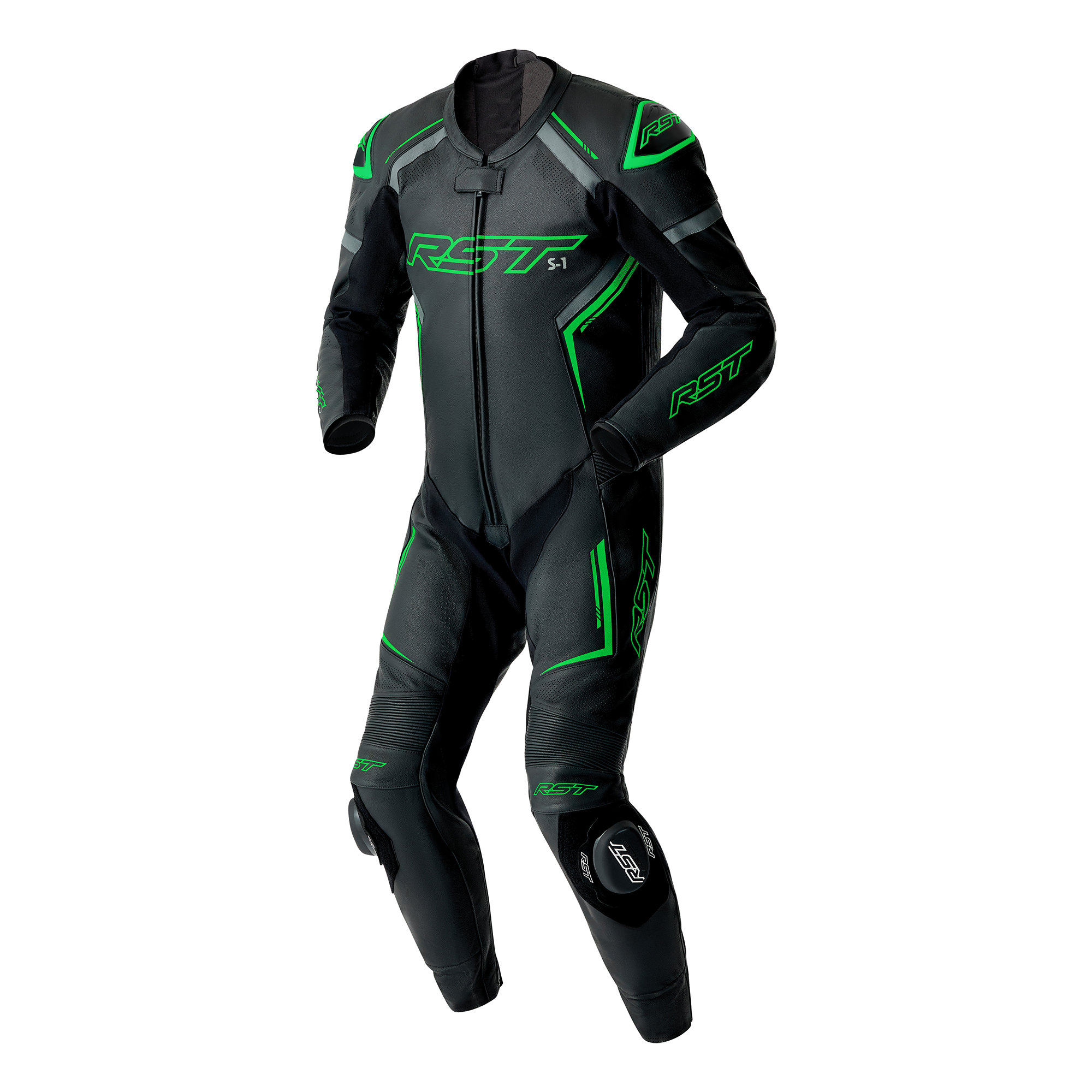 RST S1 D3O One Piece Leather Suit Black / Grey / Fluo Green - FREE UK Shipping, FREE 365 Day Returns | Moto Central