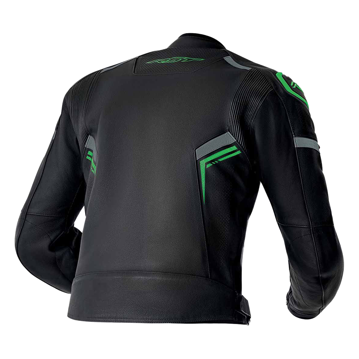 RST S1 D3O Leather Jacket Black / Grey / Fluo Green - rear three-quarter view