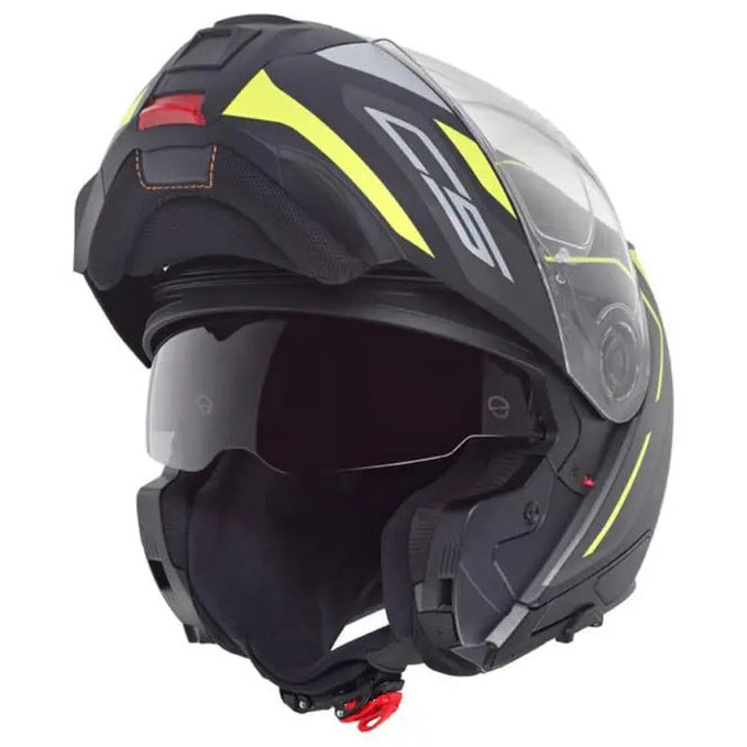 Schuberth C5 Omega Yellow - open-front three-quarter view