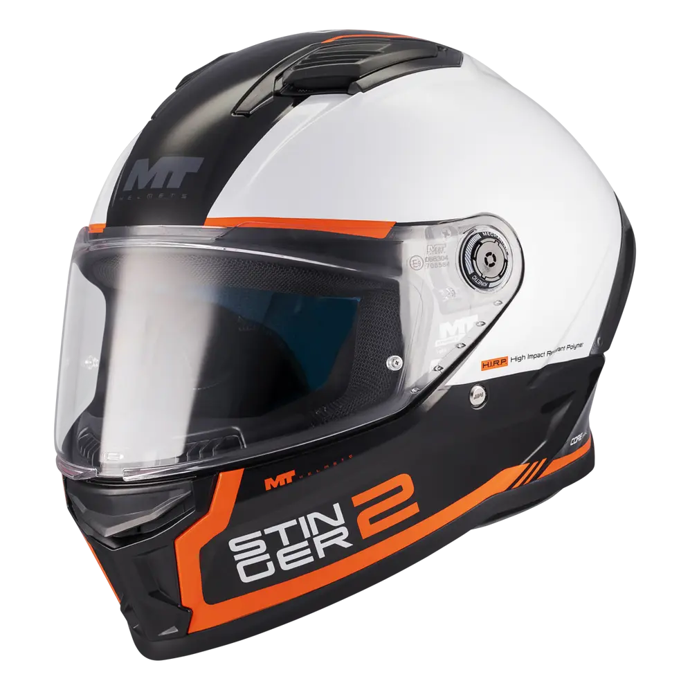 MT Helmets Stinger 2 Core B0 Gloss Black / White / Orange motorcycle helmet, front three-quarter view