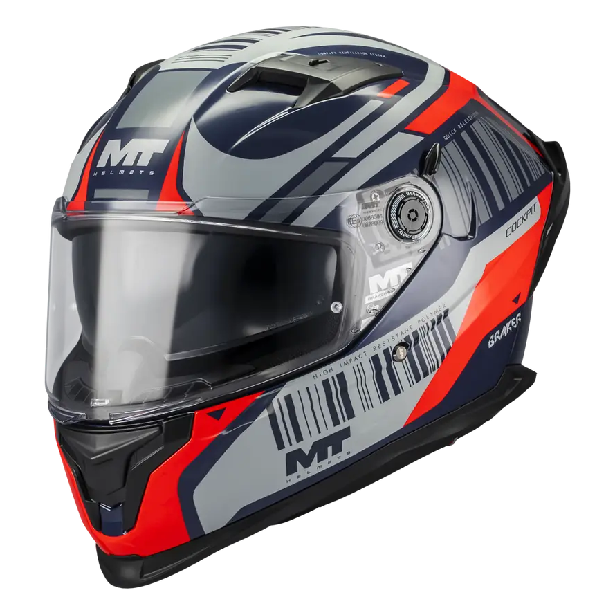 MT Helmets Braker SV Cockpit C5 Gloss Navy / Grey / Red motorcycle helmet, front three-quarter view