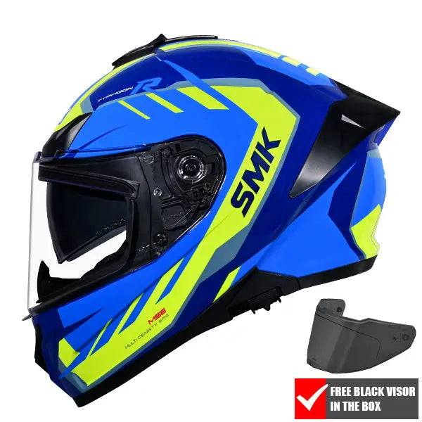 SMK Typhoon Aerot GL545 Blue / Purple / Yellow helmet, three-quarter view