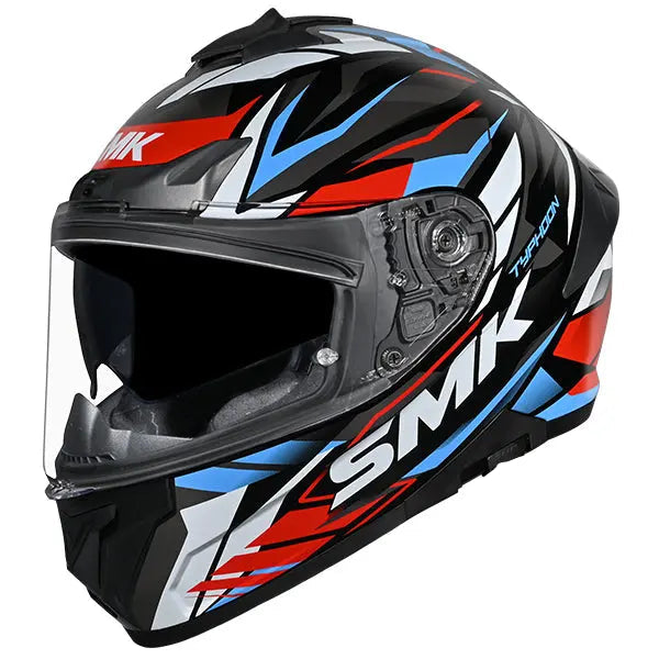 SMK Typhoon Rival GL213 Black / White / Blue / Red helmet, three-quarter view