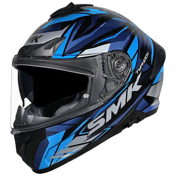 SMK Typhoon Rival GL256 Black / Blue / Light Blue helmet, three-quarter view