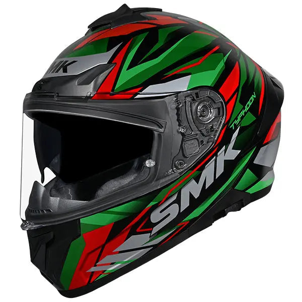 SMK Typhoon Rival GL283 Black / Green / Red helmet, three-quarter view
