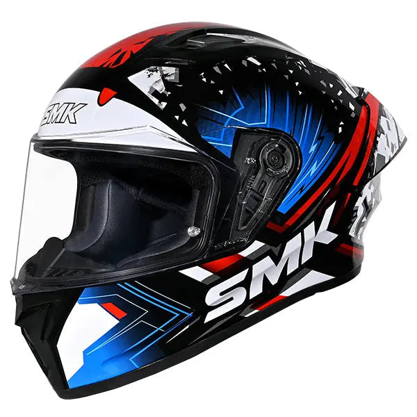 SMK Stellar Sport Flare GL215 Black / Blue / Red front three-quarter view with dark visor included