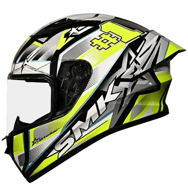 SMK Stellar Sport Uno GL214 Yellow / Grey / Black helmet, left-side three-quarter view