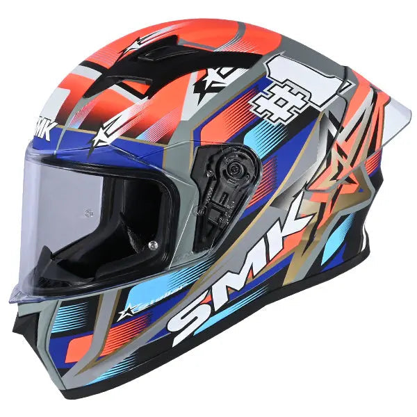 SMK Stellar Sport Uno GL657 Red / Blue / Grey helmet, left-side three-quarter view