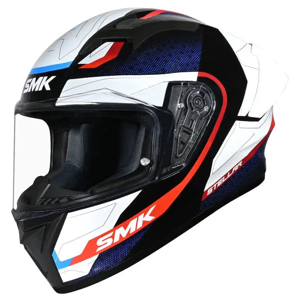 SMK Stellar Sport Flight GL213 Black / White / Blue / Red front three-quarter view with dark visor included