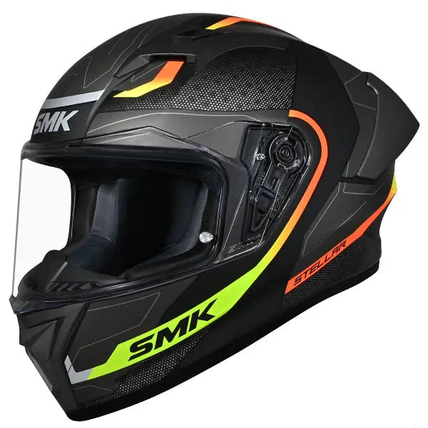 SMK Stellar Sport Flight MA264 Black / Grey / Yellow front three-quarter view with dark visor included