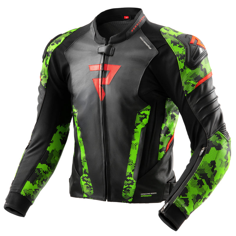 Rebelhorn Veloce Leather Jacket Black / Green / Fluo Red FREE UK Delivery, FREE 365 Day Returns | Moto Central