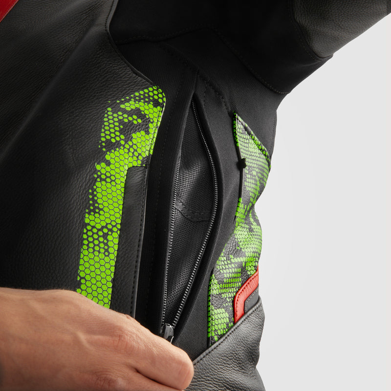 Rebelhorn Veloce Leather Jacket Black / Green / Fluo Red FREE UK Delivery, FREE 365 Day Returns | Moto Central
