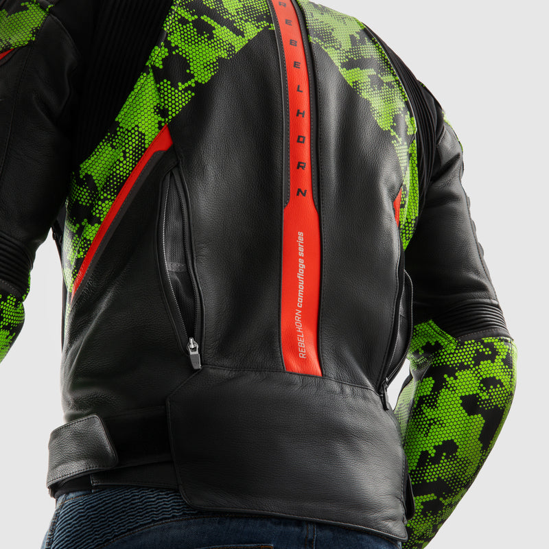 Rebelhorn Veloce Leather Jacket Black / Green / Fluo Red FREE UK Delivery, FREE 365 Day Returns | Moto Central