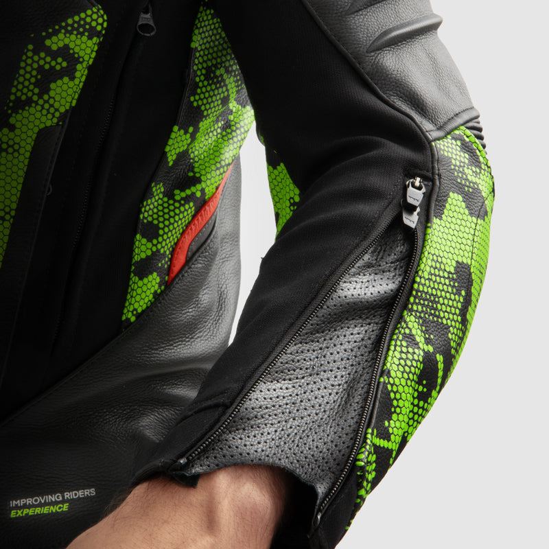 Rebelhorn Veloce Leather Jacket Black / Green / Fluo Red FREE UK Delivery, FREE 365 Day Returns | Moto Central