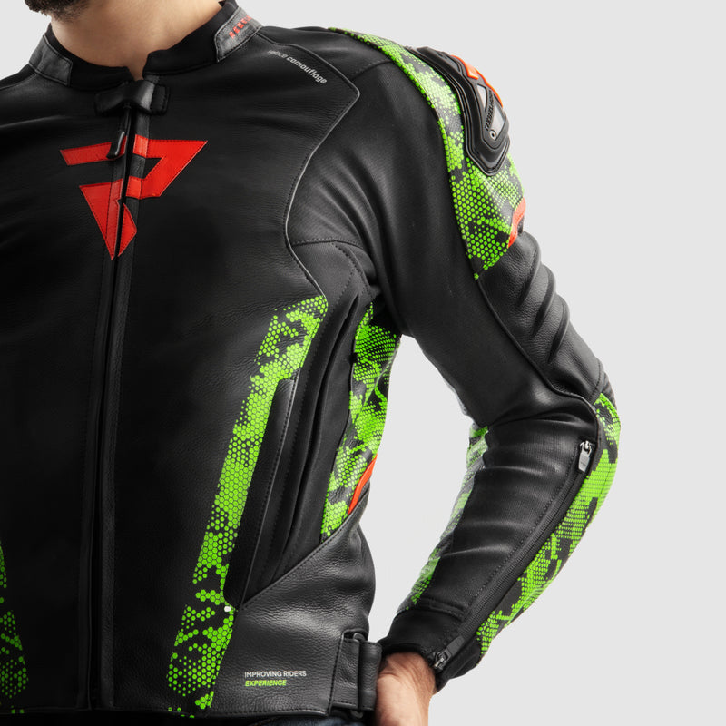 Rebelhorn Veloce Leather Jacket Black / Green / Fluo Red FREE UK Delivery, FREE 365 Day Returns | Moto Central
