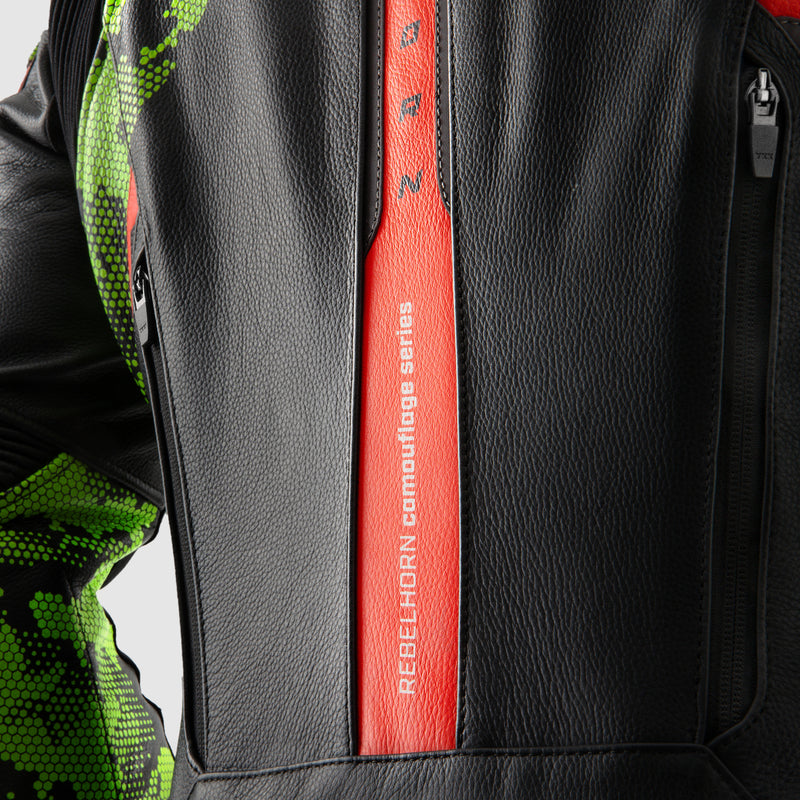 Rebelhorn Veloce Leather Jacket Black / Green / Fluo Red FREE UK Delivery, FREE 365 Day Returns | Moto Central