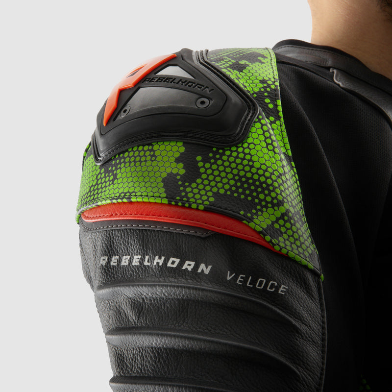 Rebelhorn Veloce Leather Jacket Black / Green / Fluo Red FREE UK Delivery, FREE 365 Day Returns | Moto Central