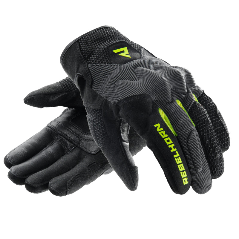 Rebelhorn Core Gloves Black / Grey / Fluo Yellow FREE UK Delivery, FREE 365 Day Returns | Moto Central