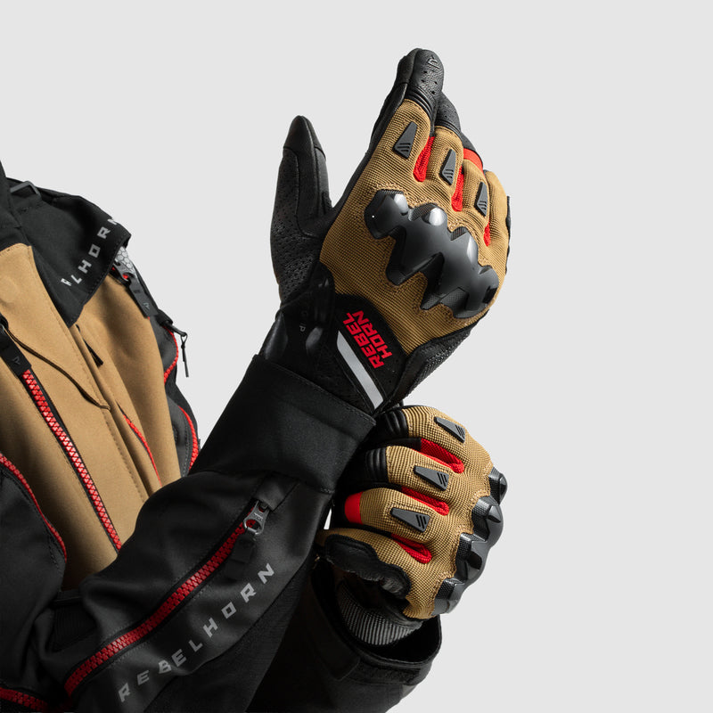 Rebelhorn Defender Gloves Desert / Black / Red FREE UK Delivery, FREE 365 Day Returns | Moto Central