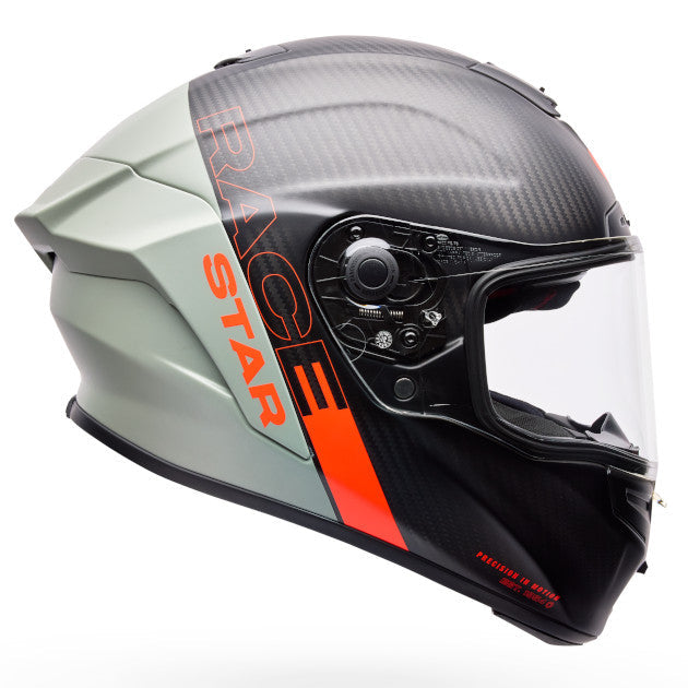 Bell Race Star DLX Flex Strike ECE 22.06 Orange full-face motorcycle helmet, side profile view