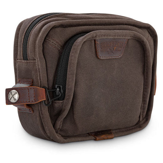Burly Voyager dark oak wet-waxed canvas handlebar bag – rear three-quarter view