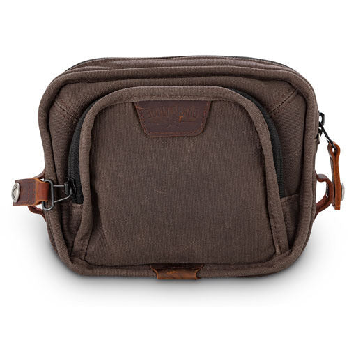 Burly Voyager dark oak wet-waxed canvas handlebar bag – front view