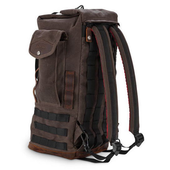 Burly Voyager dark oak sissy-bar backpack – rear three-quarter view