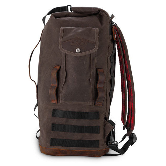 Burly Voyager dark oak sissy-bar backpack – front view