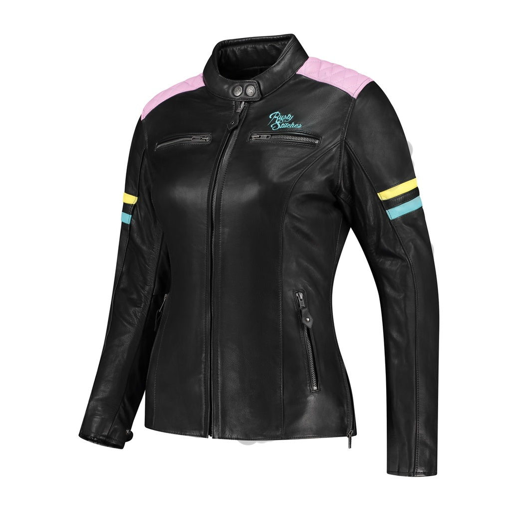 Rusty Stitches Joyce V2 Ladies Leather Jacket Black / Pastel - FREE UK Delivery, FREE 365 Day Returns | Moto Central