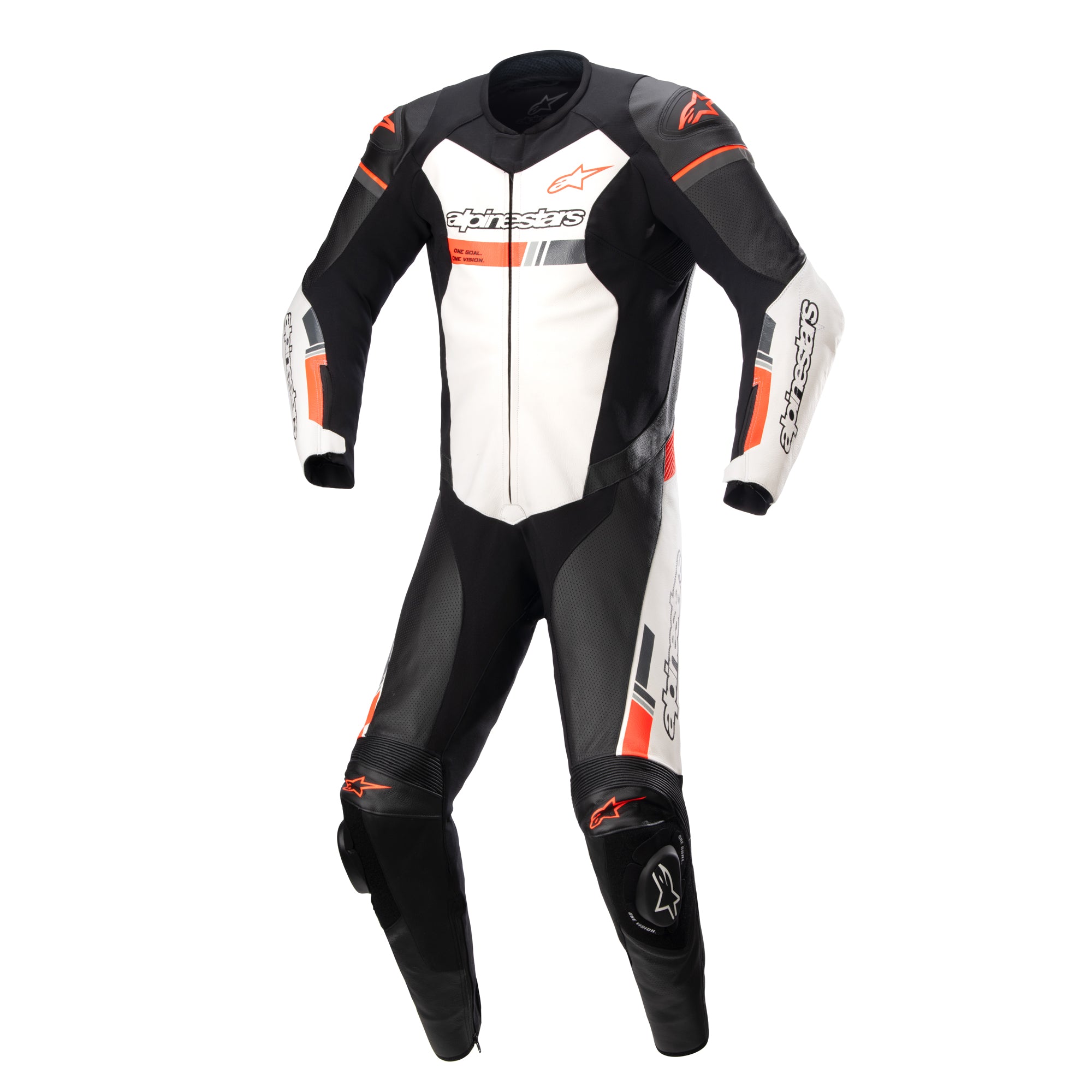 Alpinestars GP Force Chaser One Piece Leather Suit Black / White / Fluo Red FREE UK Delivery, FREE 365 Day Returns | Moto Central