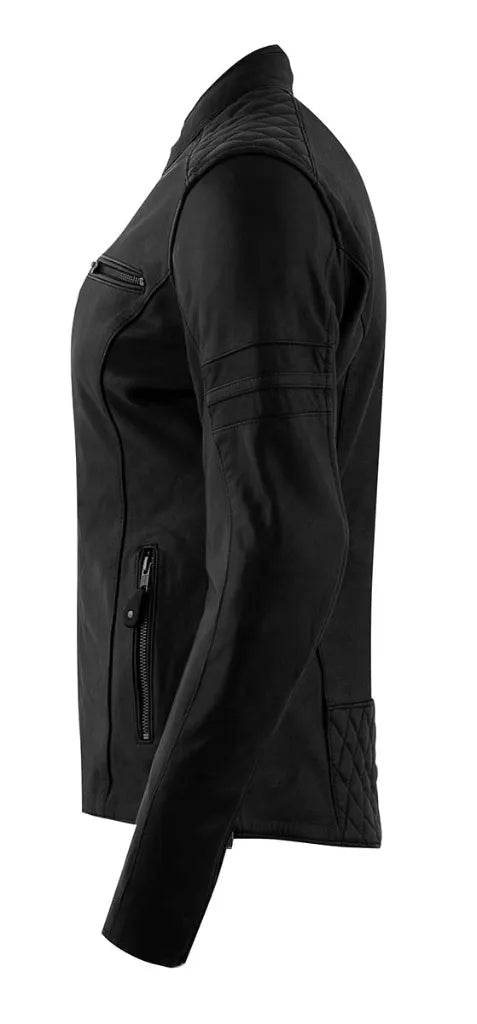 Rusty Stitches Joyce Hooded V2 Ladies Leather Jacket Black / White - FREE UK Delivery, FREE 365 Day Returns | Moto Central