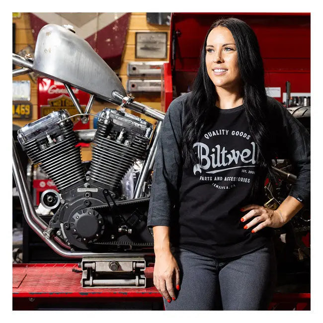 Biltwell Script Baseball Ladies Shirt Black / Grey - FREE UK Shipping, FREE 365 Day Returns | Moto Central