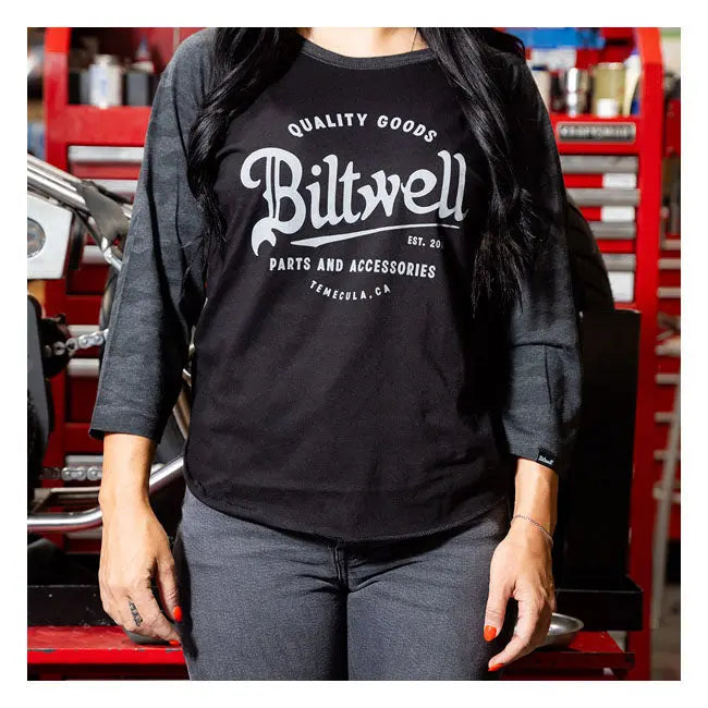 Biltwell Script Baseball Ladies Shirt Black / Grey - FREE UK Shipping, FREE 365 Day Returns | Moto Central