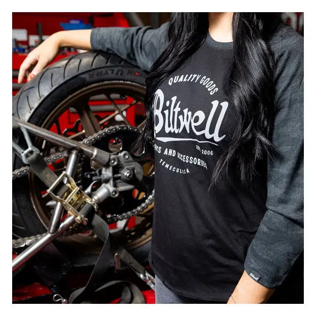 Biltwell Script Baseball Ladies Shirt Black / Grey - FREE UK Shipping, FREE 365 Day Returns | Moto Central