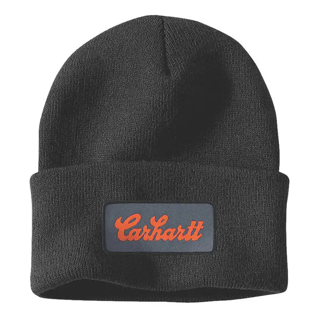 Carhartt Knit Cuffed Script Patch Beanie Black FREE UK Delivery, FREE 365 Day Returns | Moto Central