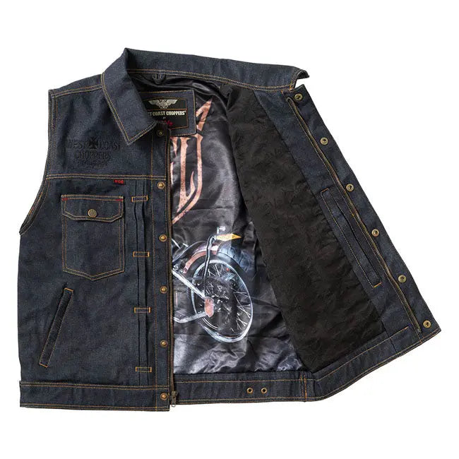 West Coast Choppers X 13 1/2 Dominator Raw Denim Riding Vest FREE UK Delivery, FREE 365 Day Returns | Moto Central