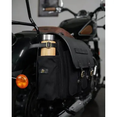 Trip Machine Expedition Saddlebag Black - Pair fitted side view on a motorcycle