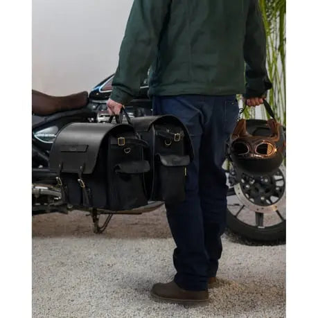 Trip Machine Expedition Saddlebag Black - Pair pair carried beside a motorcycle