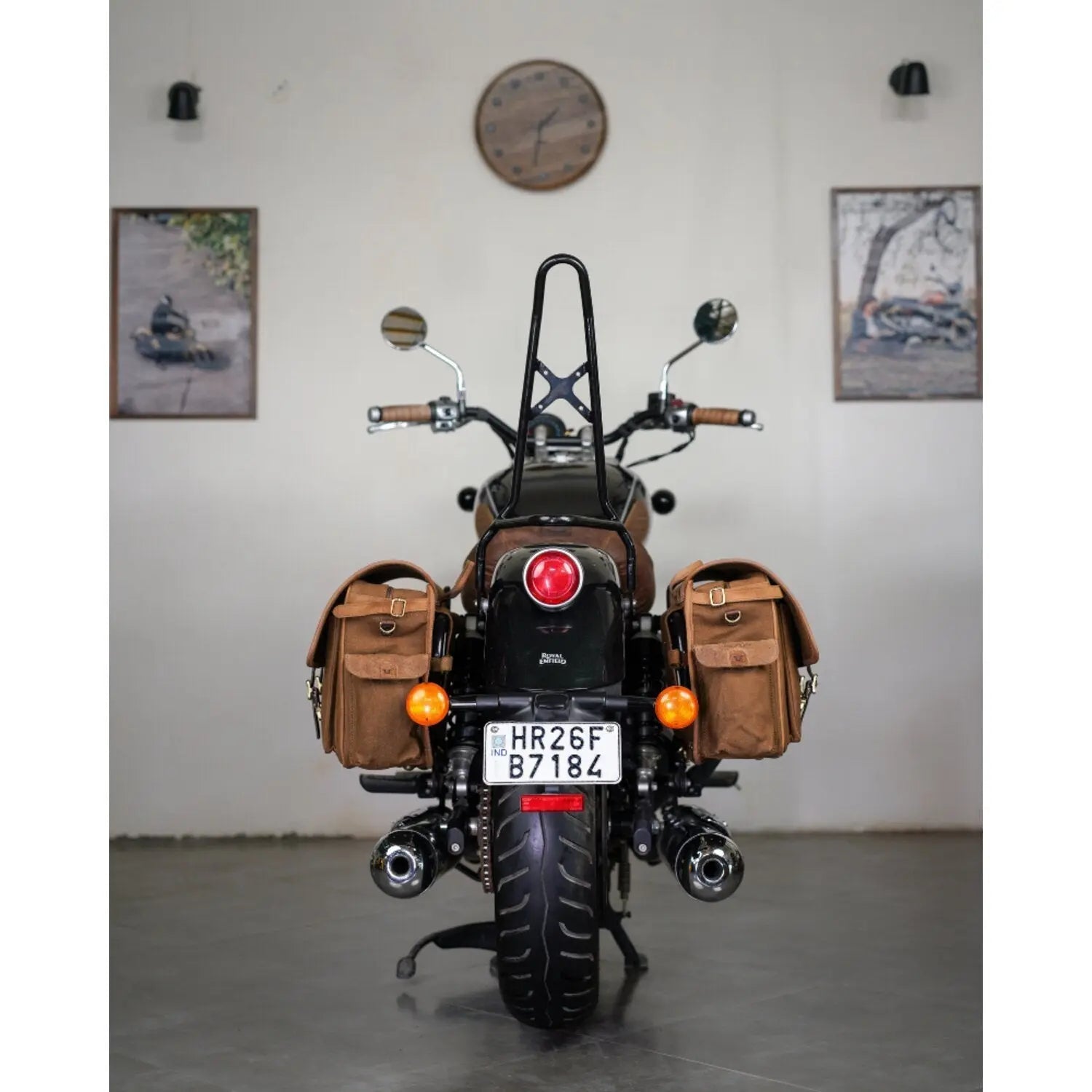 Trip Machine Expedition Saddlebag Brown / Tobacco - Pair fitted rear view on a motorcycle