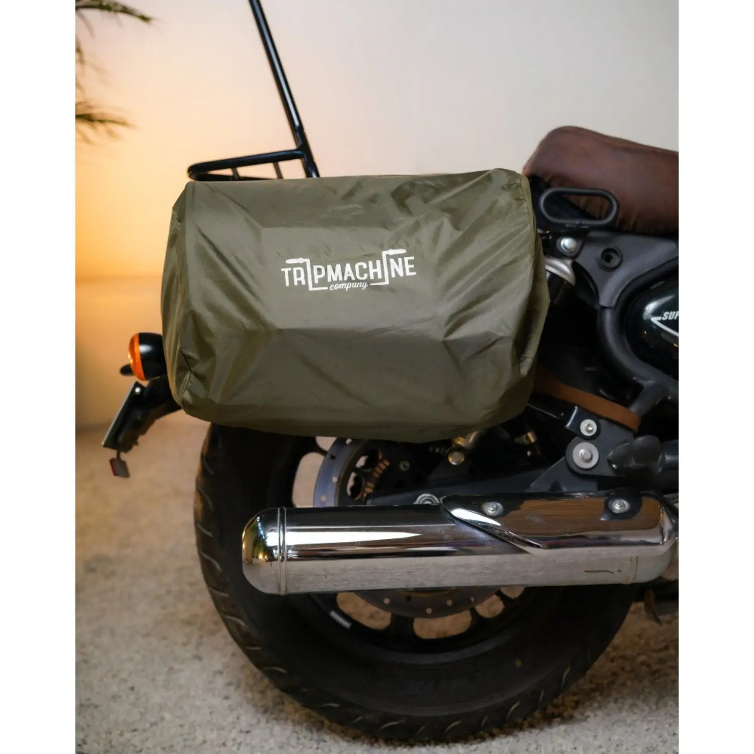 Trip Machine Expedition Saddlebag Brown / Tobacco - Pair fitted side view on a motorcycle